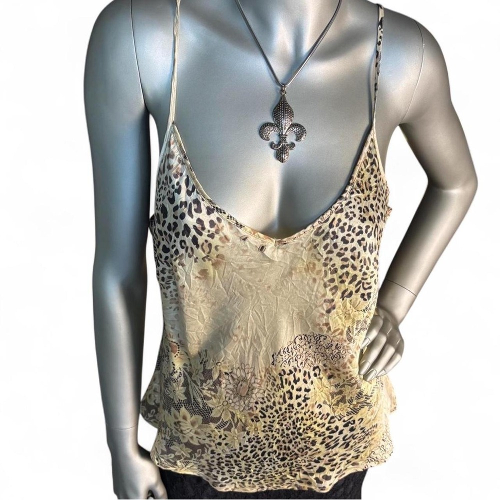 Y2K 100% Silk Leopard Floral Cami Tank Top Boho 🍒😍